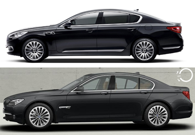 K9(상)과 BMW 7시리즈(하) 측면 디자인 비교