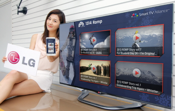 LG전자 모델이 스마트TV 얼라이언스의 ´SDK 2.5´로 개발된 멀티스크린 앱을 시연하고 있다. ⓒLG전자