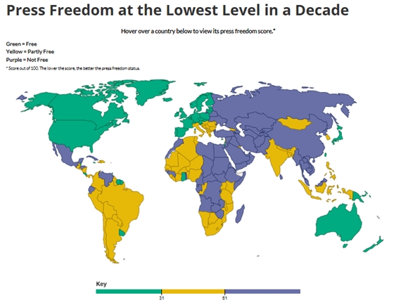 프리덤 하우스가 '2014 언론 자유 보고서'를 통해 각국의 언론 자유 순위를 매겼다.ⓒ프리덤하우스 홈페이지 화면 캡처