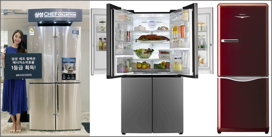 (왼쪽부터)삼성 수퍼 프리미엄 냉장고 '셰프컬렉션', LG 냉장고 '더블매직스페이스 V9500', 동부대우 150리터 콤비냉장고 'The Classic'.ⓒ삼성전자·LG전자·동부대우전자