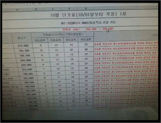 'SK 10월 단가표 1차'라는 사진이 인터넷상에 떠돌고 있다.ⓒ온라인 커뮤니티