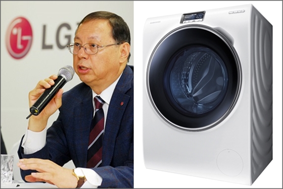 조성진 LG전자 홈어플라이언스(HA)본부 사장(왼쪽)과 조 사장이 파손했다는 혐의를 받은 '삼성 세탁기 WW9000'.ⓒLG·삼성