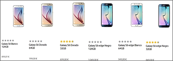 갤럭시S6와 갤럭시S6 엣지 가격.ⓒ삼성전자 스페인 공식 홈페이지 캡처