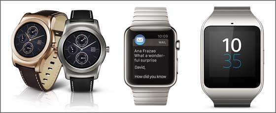 'LG 워치 어베인'(왼쪽)과 애플워치(가운데), 소니 스마트워치3(SmartWatch3) SWR50.ⓒLG전자·애플·소니