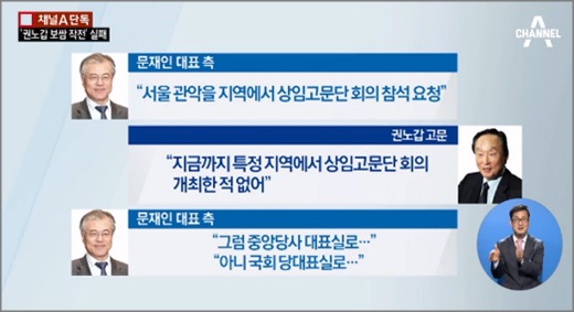 6일 채널A의 보도에 따르면, 문 대표와 권 고문의 회동이 불발된 것은 회의 이름과 참석자가 계속 바뀌는 미숙한 의전이 원인이었다.ⓒ채널A 뉴스 캡처