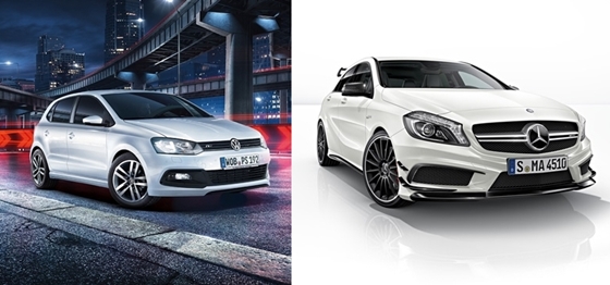 폭스바겐 폴로(왼쪽)와 벤츠의 뉴 45 AMG 4MATIC.ⓒ각 사