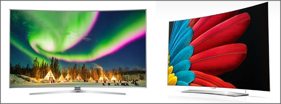 삼성 SUHD TV(왼쪽)과 LG 울트라 올레드 TV.ⓒ삼성전자·LG전자
