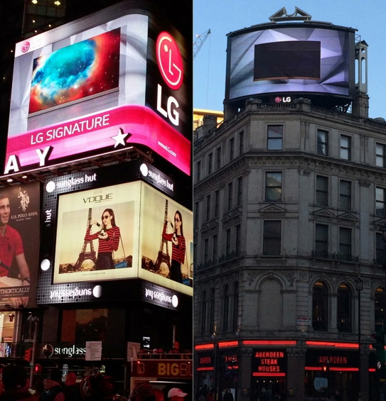 뉴욕 타임스 스퀘어(왼쪽)와 런던 피카딜리 광장(오른쪽)에서 ‘LG 시그니처(Signature)’ 광고가 상영되고 있다.ⓒLG전자