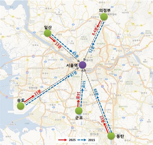 3차 국가철도망 구축계획에 따른 수도권 통행시간 변화 ⓒ국토교통부
