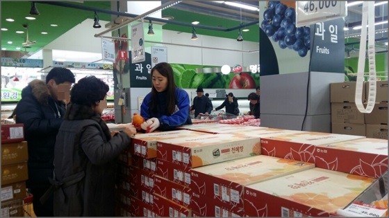 서울 강남구 양재동에 위치한 하나로마트에서 기자가 고객에게 천혜향을 판매하고 있다.ⓒEBN