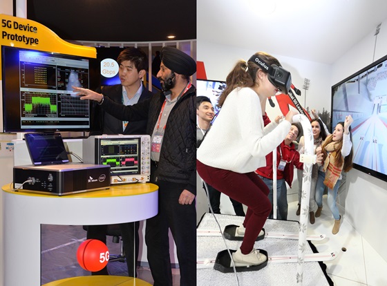 SK텔레콤 직원이 5G 속도 시연에 대해 관람객에게 설명하는 모습(왼쪽)과 한 관람객이 KT 부스에 스키 VR을 체험해 보고 있는 모습.ⓒ각사
