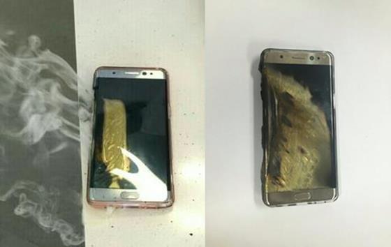 한 네티즌은 지난 25일 카카오스토리에 삼성 갤럭시노트7의 왼쪽 부분이 발화됐다는 사진을 등록했다.ⓒ온라인커뮤니티