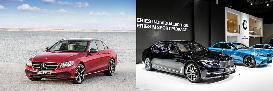 더 뉴 E-클래스 아방가르드(사진 왼쪽)와 BMW 뉴 750Li xDrive 비전100 에디션 이미지. ⓒ각 사 제공.