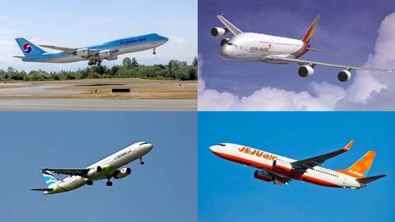 (왼쪽부터 시계방향으로)대한항공, 아시아나항공, 제주항공, 에어부산항공기.ⓒ각 사.