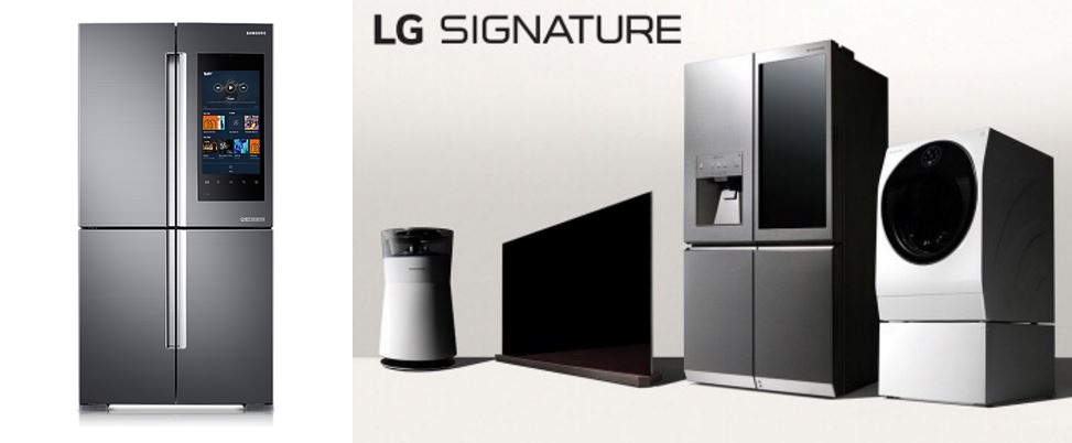 IoT 기술이 접목된 삼성전자의 '패밀리허브' 냉장고(왼쪽)와 LG전자 초프리미엄 브랜드 'LG 시그니처' 라인업(오른쪽)ⓒ각사