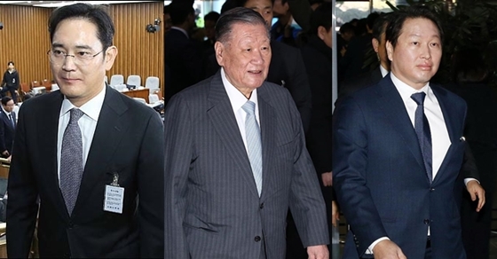 (왼쪽부터)이재용 삼성전자 부회장, 정몽구 현대자동차그룹 회장, 최태원 SK그룹 회장.ⓒEBN