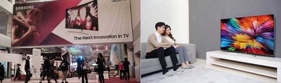 삼성전자 3세대 퀀텀닷 'QLED TV' 옥외광고(왼쪽)와 LG전자 신제품 '슈퍼 울트라HD TV'(오른쪽)ⓒ각사