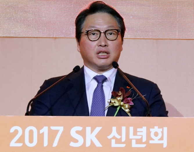 지난 1월 2일 서울 워커힐호텔에서 열린 SK그룹 신년회에서 최태원 회장이 신년사를 말하고 있다.[사진=SK그룹]