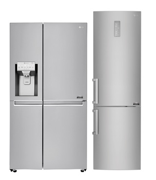센텀 시스템을 적용해 에너지 효율이 높으면서 소음은 낮춘 양문형 냉장고(좌), 상냉장∙하냉동 타입 냉장고(우). ⓒLG전자