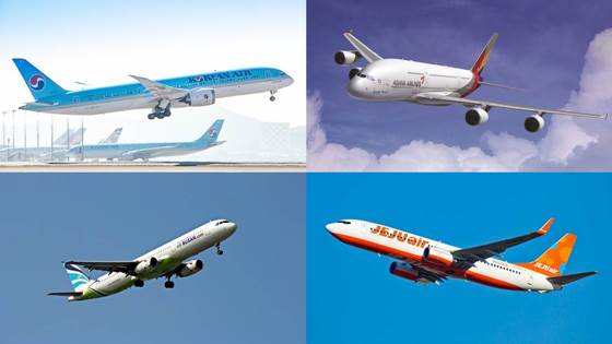 (왼쪽부터 시계방향으로)대한항공, 아시아나항공, 제주항공, 에어부산 여객기.ⓒ각 사.