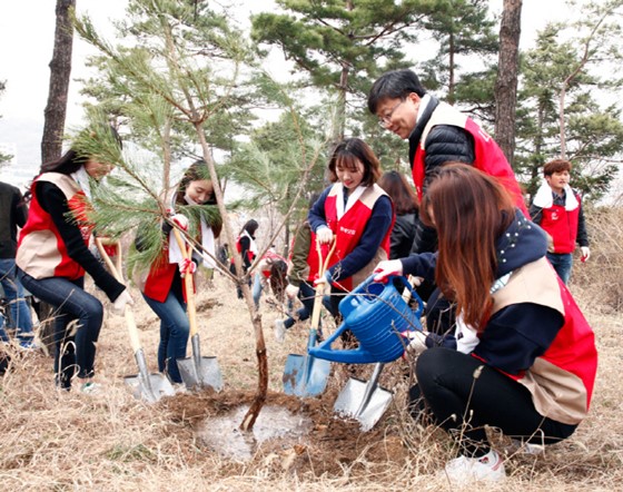 롯데닷컴 김형준대표(오른쪽에서 두번째)와 직원들이 심은 소나무에 물을 주고 있다.ⓒ