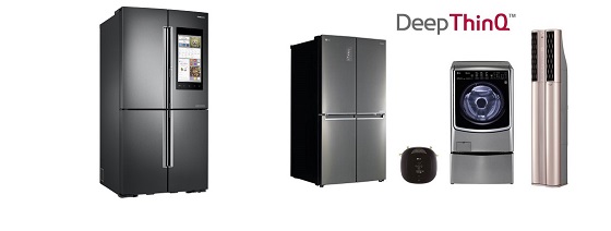 삼성전자 '패밀리허브' 냉장고(사진 왼쪽)와 LG전자 딥러닝 가전 이미지. ⓒ각 사 제공 