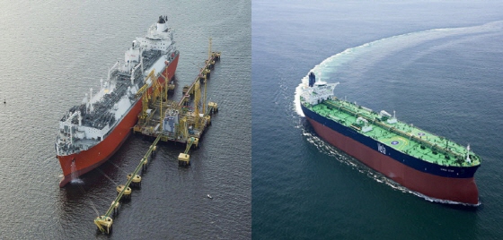 대우조선해양이 건조한 FSRU(부유식 액화천연가스 저장·재기화 설비, 사진 왼쪽)와 VLCC(초대형원유운반선, 사진 오른쪽) 전경.ⓒ대우조선해양