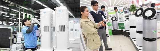 삼성전자 초미세 공기청정기 삼성 '블루스카이' 생산모습(사진 왼쪽)과 LG전자의 퓨리케어 360° 공기청정기 모습. ⓒ각 사 제공