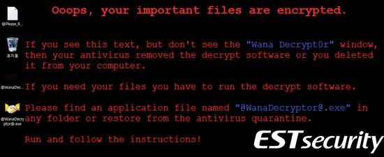 '워너크립터' 랜섬웨어 감염 시 바탕화면.ⓒ이스트시큐리티