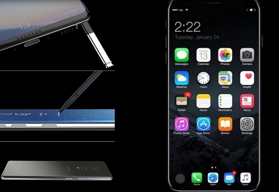 '갤럭시노트8' 콘셉트 디자인 영상(사진 왼쪽)과 아이폰8 예상 이미지. 
 