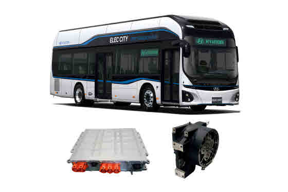 현대자동차 전기버스 일렉시티(사진 상단)및 적용된 인버터(사진 아래 왼쪽)와 휠모터ⓒ현대로템