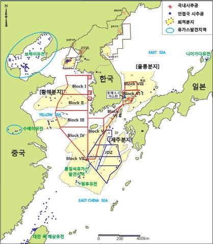 국내 대륙붕 광구도 및 주변해역 유·가스전ⓒ산업부