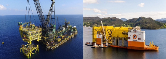 현대중공업이 건조한 고정식 해양플랜트(왼쪽)와 중량물운반선에 실린 스파 플랫폼 하부구조(오른쪽).ⓒHess, 스타토일