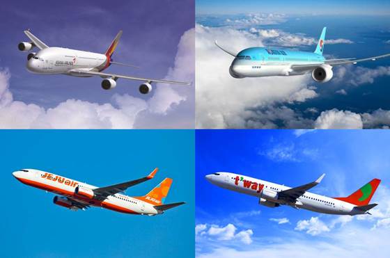 (왼쪽위부터 시계방향으로)아시아나항공·대한항공·티웨이항공·제주항공 여객기.ⓒ각 사.