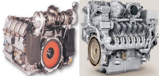 STX엔진이 생산한 K-9 자주포 및 K-10 탄약운반장갑차용 고속 4행정 주기 엔진(MT881 Ka-500, 사진 왼쪽)과 차기호위함(FFX-II)용 고속·고마력 보기 엔진(12V4000M53B).ⓒSTX엔진