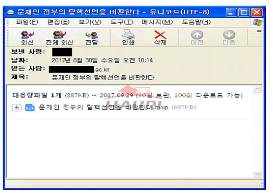 북한 관련 인사인 정치학 교수에게 발송된 해킹 메일ⓒ하우리