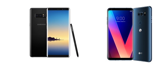 삼성 갤럭시노트8(사진 왼쪽)와 LG V30 이미지. ⓒ각 사 제공