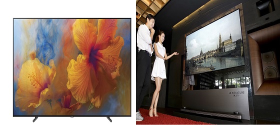 삼성 QLED TV의 88형(사진 왼쪽)과 LG 시그니처 올레드 TV W 이미지. ⓒ삼성전자, LG전자