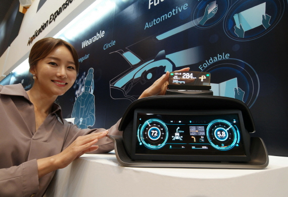 삼성디스플레이가 공개한 12.3인치 차량용 OLED 클러스터(계기판)와 4.94인치 투명 OLED HUD(헤드업디스플레이)