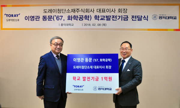이영관(오른쪽) 도레이첨단소재 회장이 김영환 홍익대 총장에게 발전기금 1억원을 전달했다. [사진=도레이첨단소재]