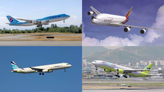 (왼쪽위부터 시계방향으로)대한항공·아시아나항공·진에어·에어부산 항공기.ⓒ각 사.