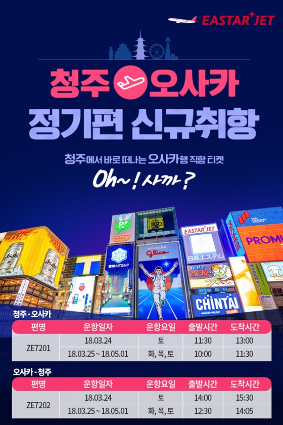 이스타항공이 청주~오사카 신규 취항을 기념해 'Oh~! 사까?' 이벤트를 진행한다고 22일 밝혔다.ⓒ이스타항공