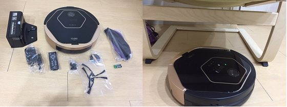 아이클레보 A3 제품 구성(왼쪽), 의자 아래까지 들어가 청소하는 모습ⓒEBN