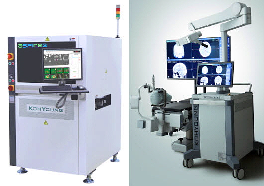 사진왼쪽은 3차원 납도포 검사장비(SPI), 사진오른쪽은 뇌수술용 의료로봇'ⓒ고영테크놀러지
