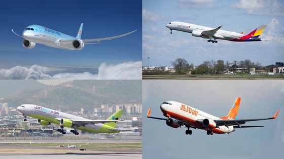 (왼쪽위부터 시계방향으로)대한항공·아시아나항공·제주항공·진에어 항공기.ⓒ각 사.