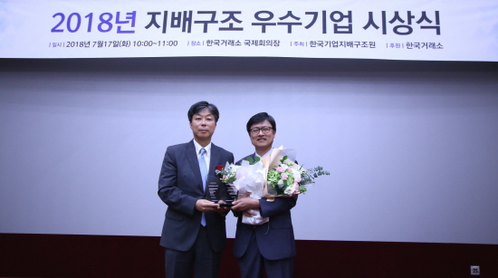 한국기업지배구조원 조명현 원장(왼쪽)과 CJ프레시웨이 허훈 경영지원실장이 시상식을 마치고 기념사진을 찍고 있다.