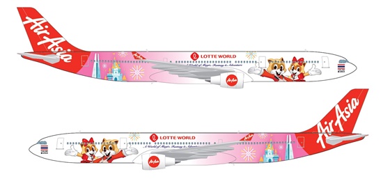 에어아시아 항공기 A330-300의 롯데월드 이미지 랩핑 디자인.ⓒ에어아시아