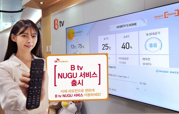 SK브로드밴드는 B tv의 다양한 인공지능(AI) 서비스를 일반 셋톱박스 고객도 이용할 수 있도록 'B tv 누구(NUGU) 서비스'를 개시한다.ⓒSK브로드밴드
