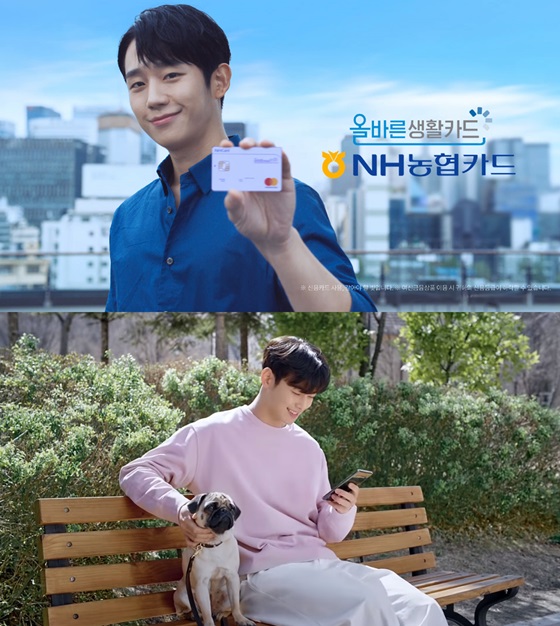 정해인이 출연한 NH농협카드 TV광고 '당신이 만든 카드' 영상컷(위), 차은우가 출연한 삼성카드 '아지냥이' 홍보영상컷.ⓒNH농협카드, 삼성카드