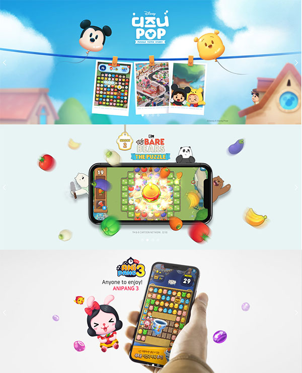 (위쪽부터) 선데이토즈의 '디즈니팝'과 '위 베어 베어스 더 퍼즐', '애니팡3'ⓒ선데이포트 홈페이지 캡쳐